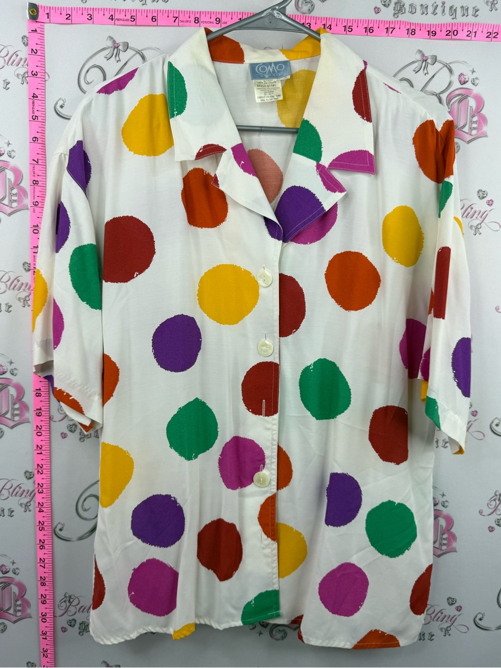 COMO STUDIO top vintage  Polka Dot Button-Down Shirt — White Multicolor